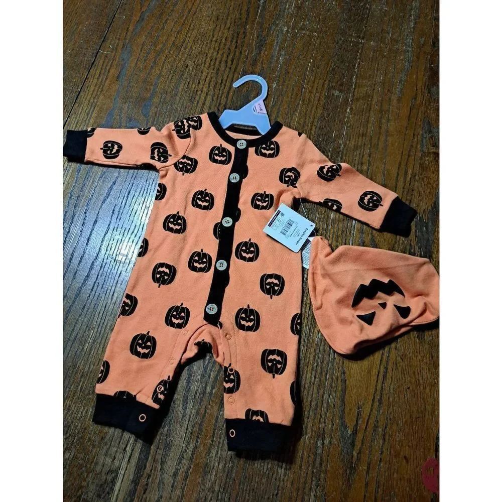 New 0-3 Month Ways to Celebrate Halloween Jack O Lantern Bodysuit w Hat NWT